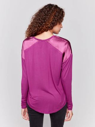 Satin and Jersey V-Neck Knit Top