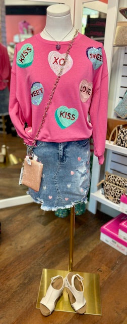 Heart Print Valentine Day Denim Skirt